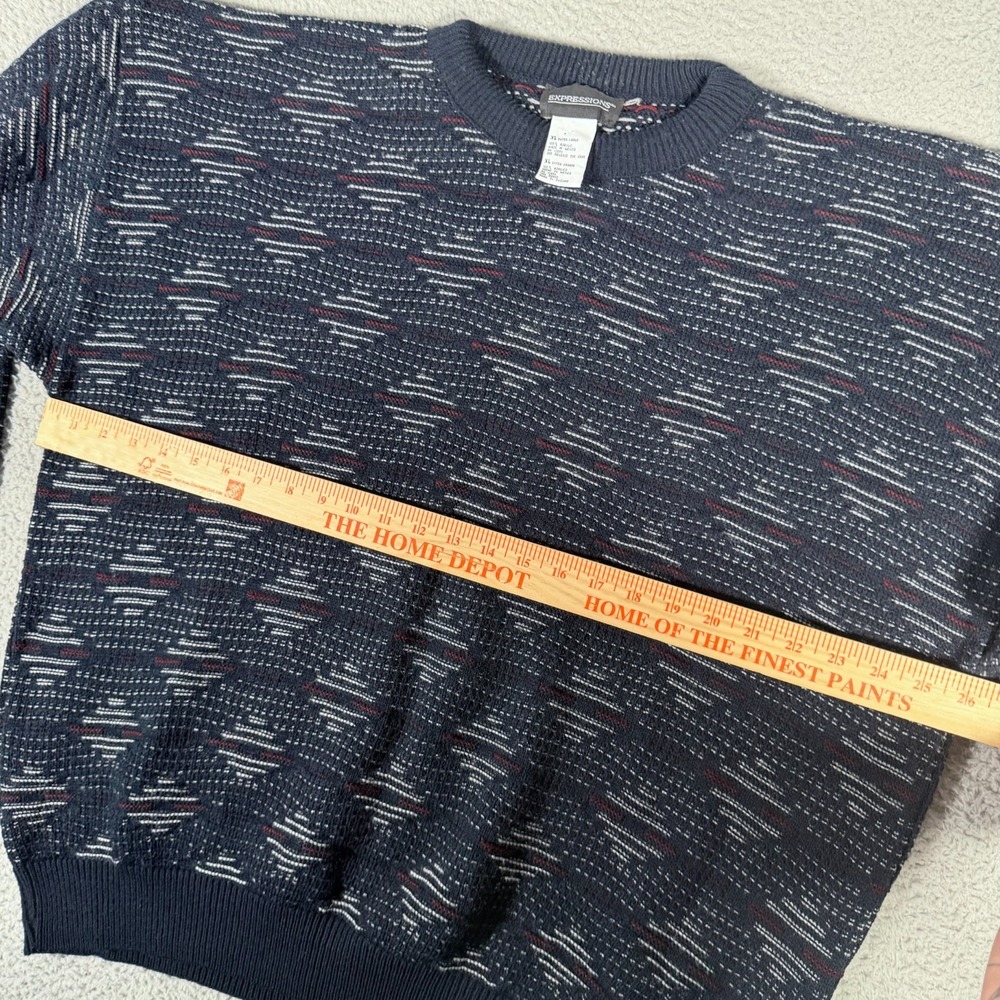 Vtg Expressions Sweater Mens XL Blue Geometric Texture Crewneck Pullover Grandpa - Picture 4 of 6